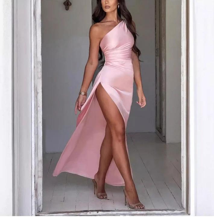 Sleek One-Shoulder Backless Slit Dress