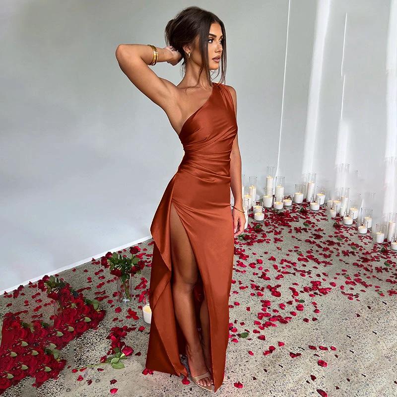 Sleek One-Shoulder Backless Slit Dress