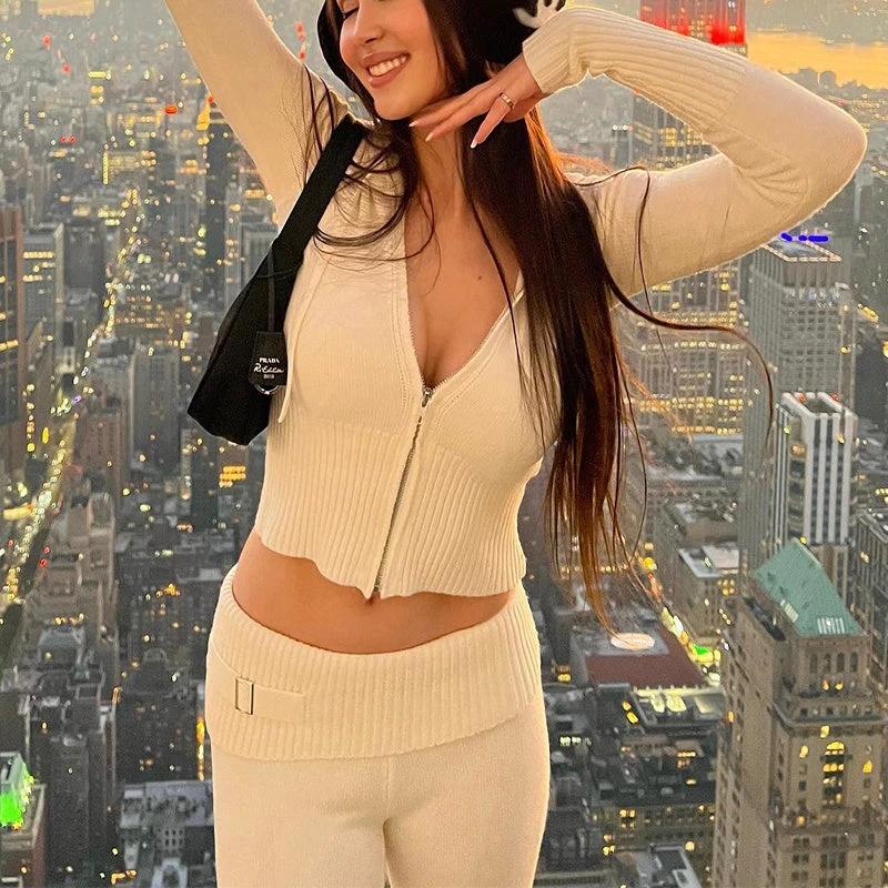 Women's Leisure Long Sleeve Hoodie Sweater And High Waist Long Pants Set