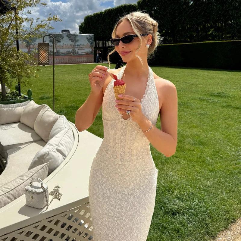 Elegant French Backless Lace V-Neck Halter Fishtail Dress