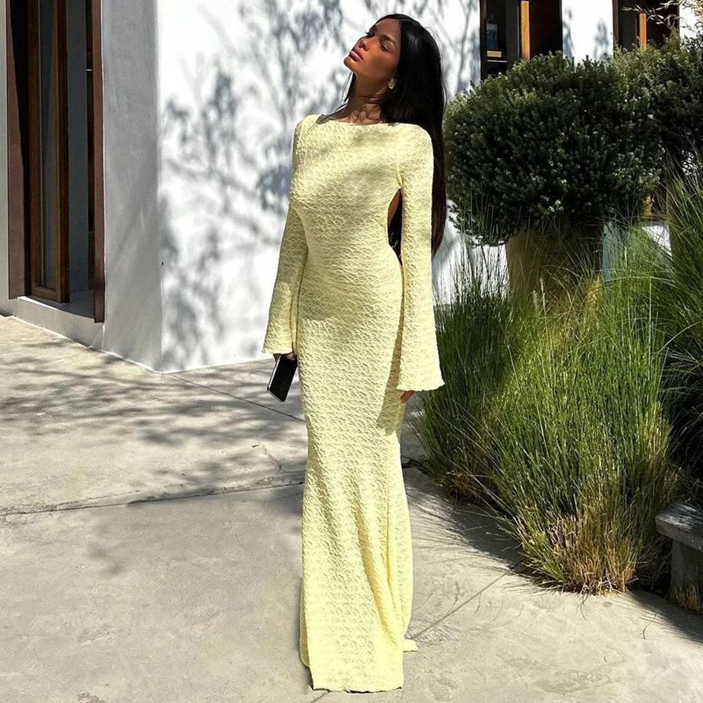 Backless Flared Long Sleeve  Dress