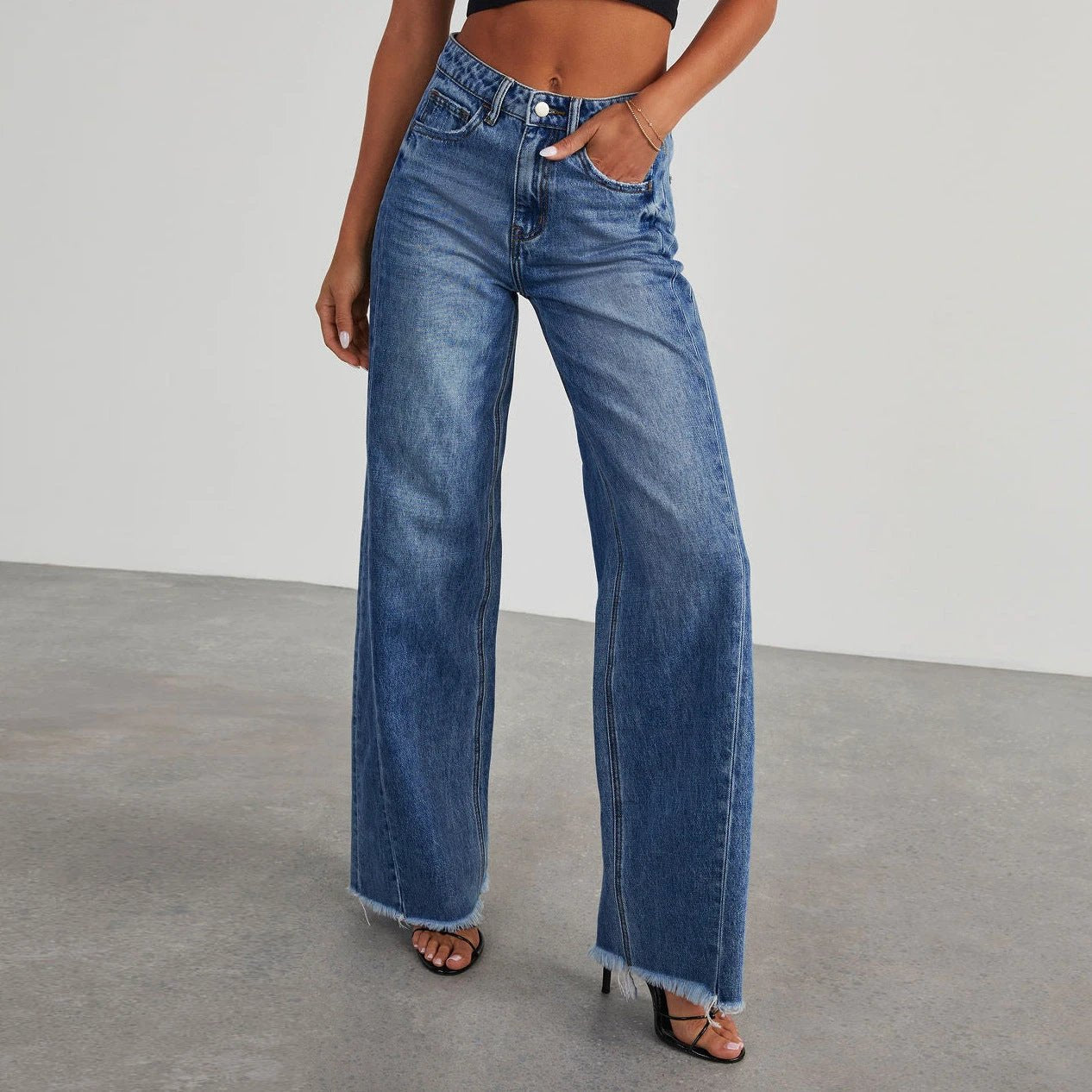 Mandotos High Waist Slim Fit Straight Wide Leg Denim Pants