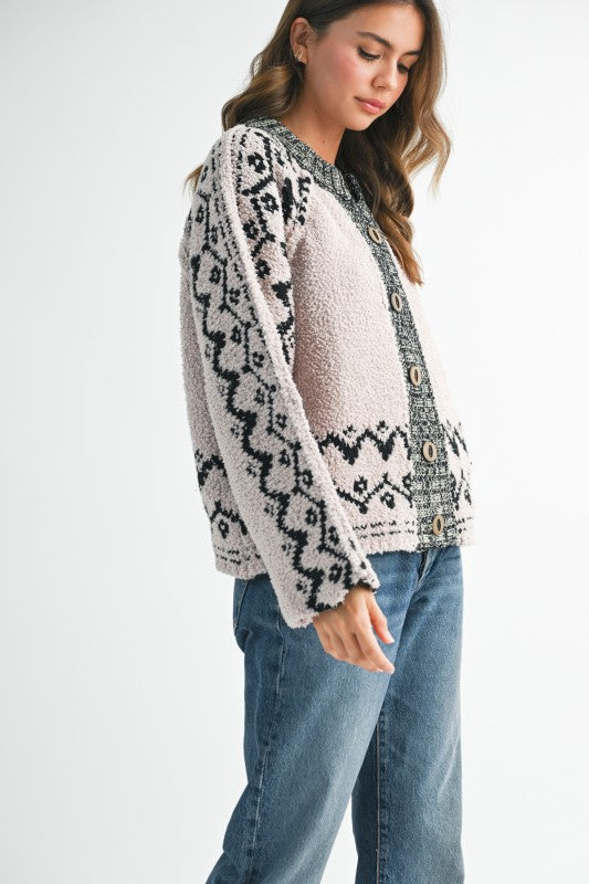 Boho  Knit Textured Cardigan Over Sized Wooden Buttons