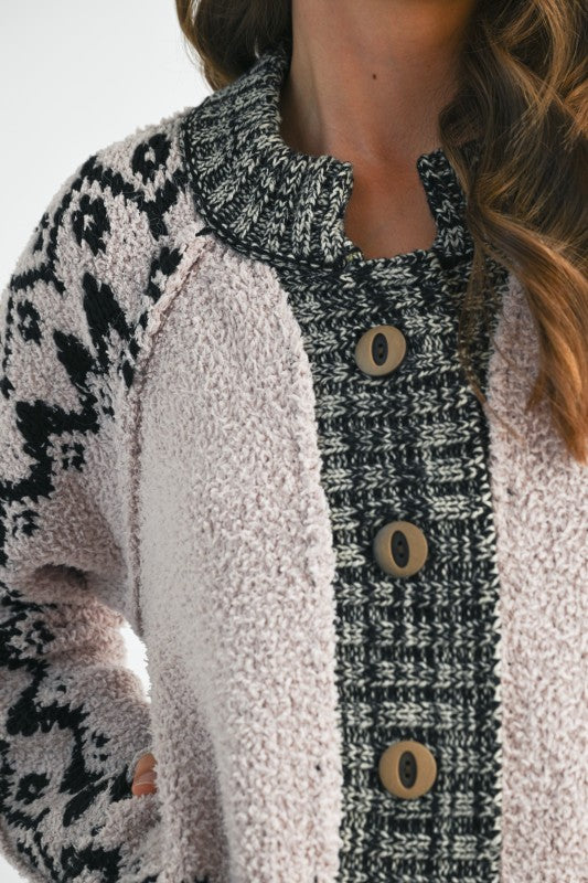 Boho  Knit Textured Cardigan Over Sized Wooden Buttons