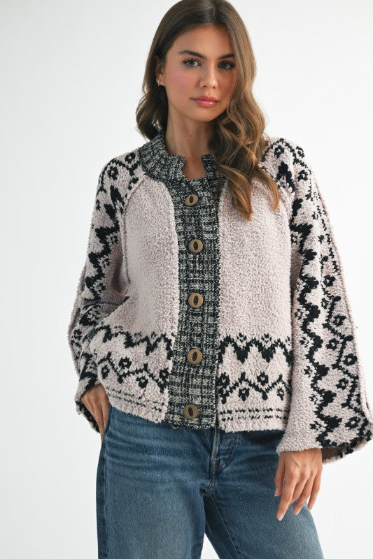 Boho  Knit Textured Cardigan Over Sized Wooden Buttons