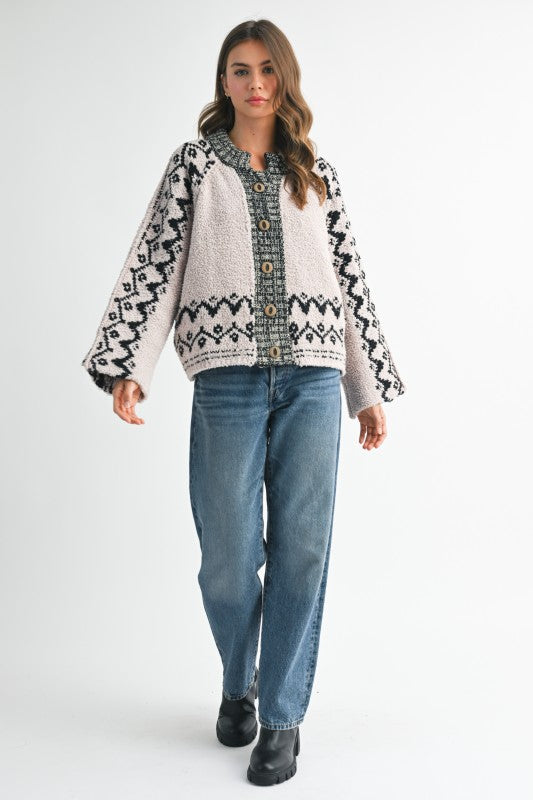 Boho  Knit Textured Cardigan Over Sized Wooden Buttons