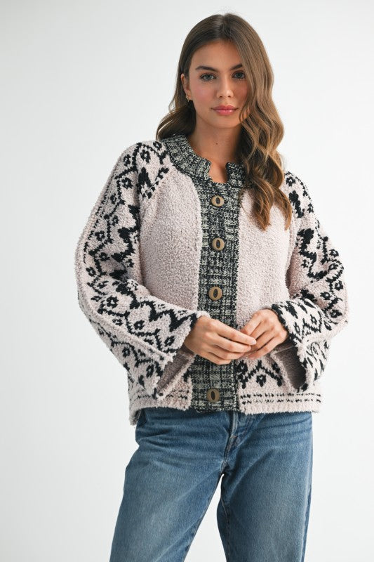 Boho  Knit Textured Cardigan Over Sized Wooden Buttons