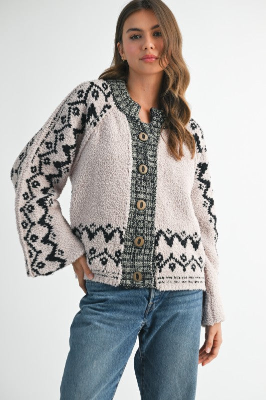 Boho  Knit Textured Cardigan Over Sized Wooden Buttons