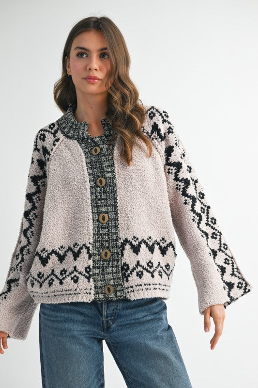 Boho  Knit Textured Cardigan Over Sized Wooden Buttons