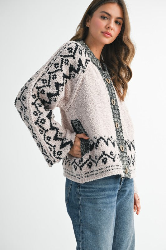 Boho  Knit Textured Cardigan Over Sized Wooden Buttons