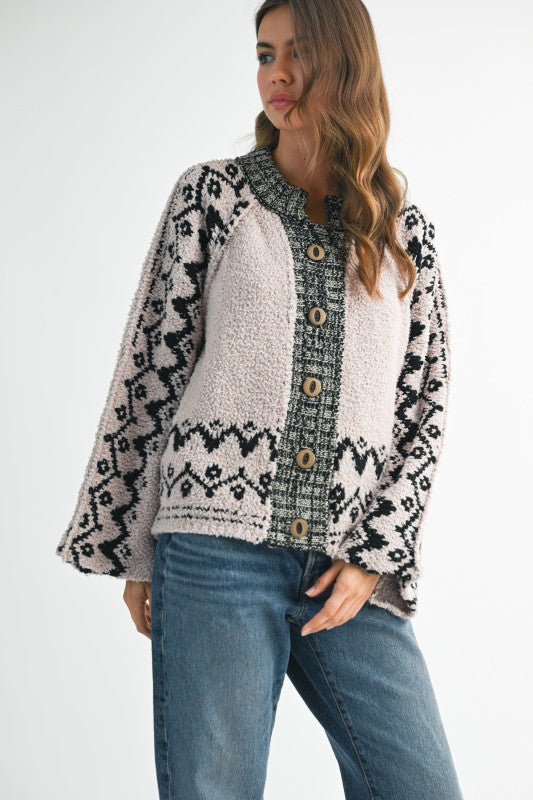 Boho  Knit Textured Cardigan Over Sized Wooden Buttons