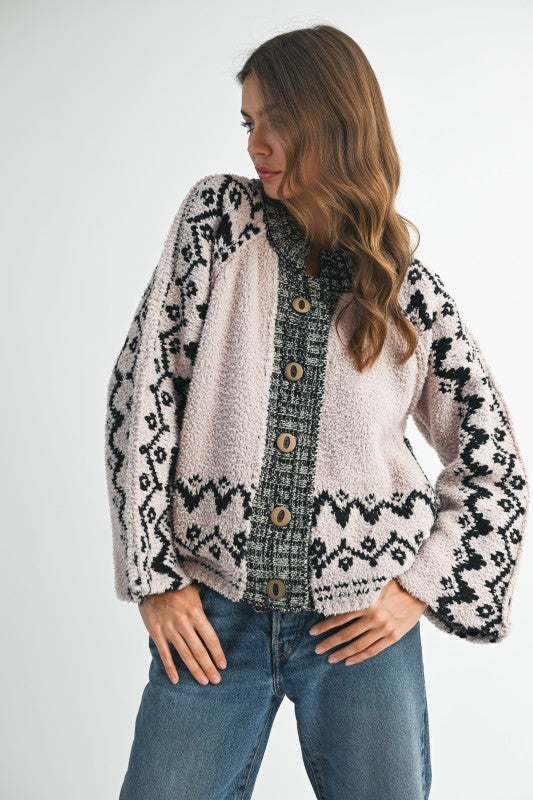 Boho  Knit Textured Cardigan Over Sized Wooden Buttons