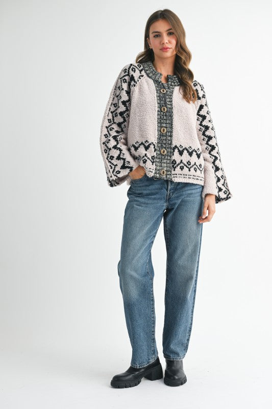 Boho  Knit Textured Cardigan Over Sized Wooden Buttons