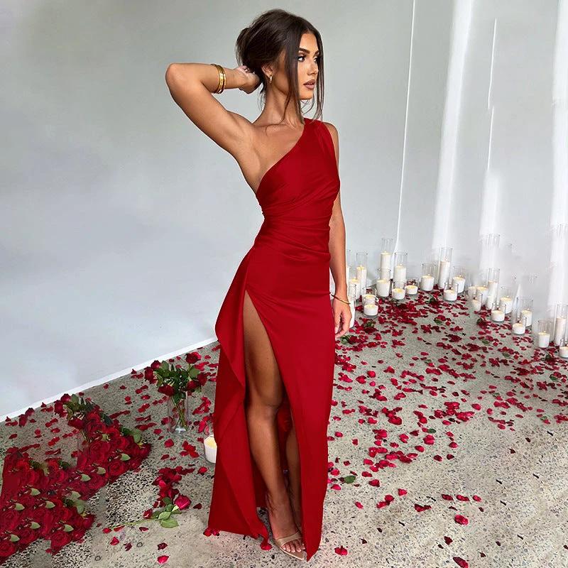Sleek One-Shoulder Backless Slit Dress