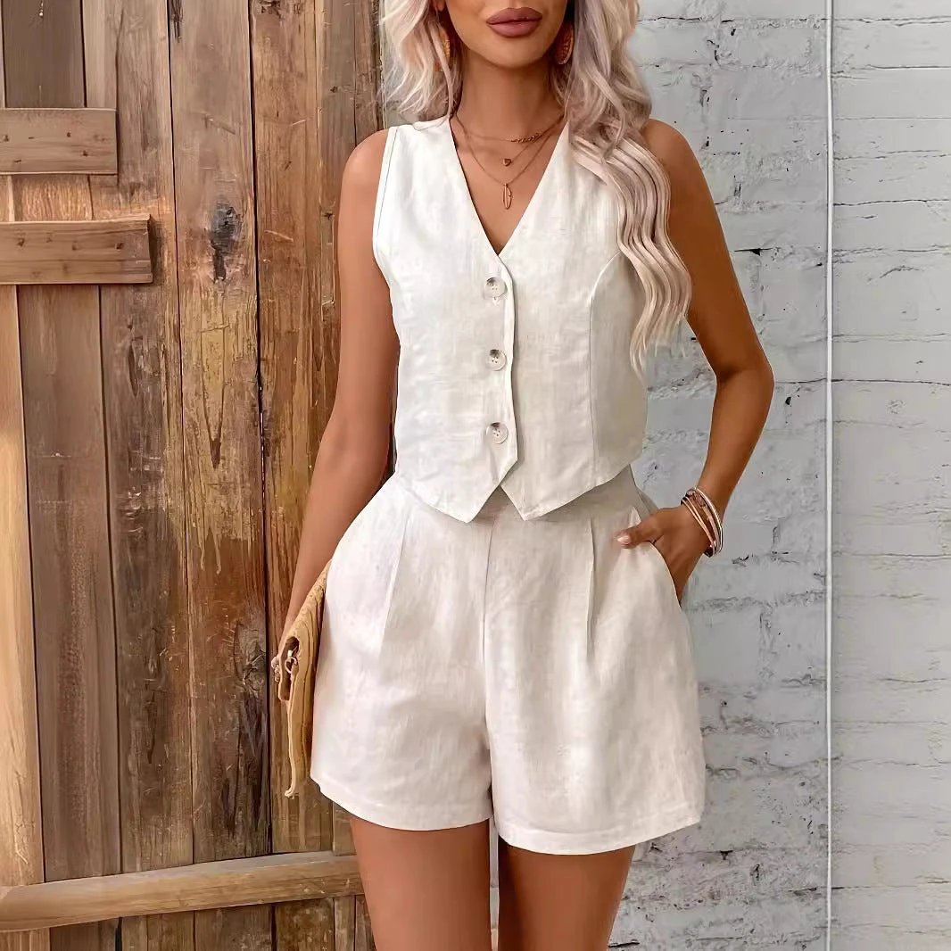 French Style Linen Vest Shorts Set