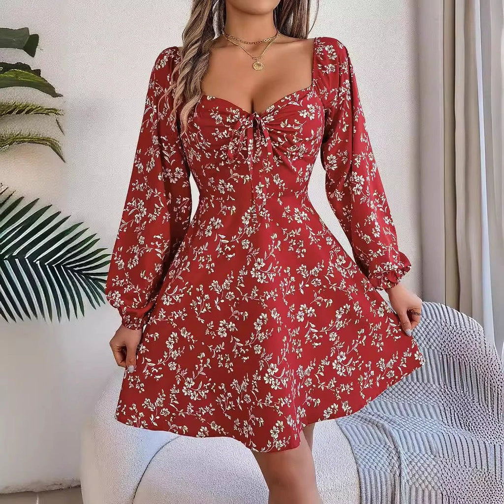 Mandotos Floral Print Long Lantern Sleeve Dress