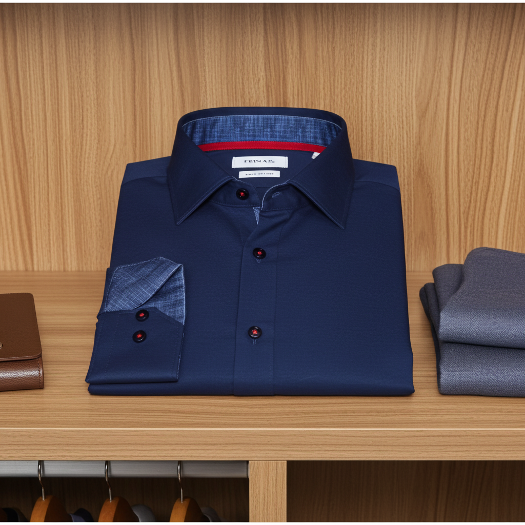 Kevin// Fitted Cotton Knit-Stretch Button-Up Shirt w/Contrast Details - Navy