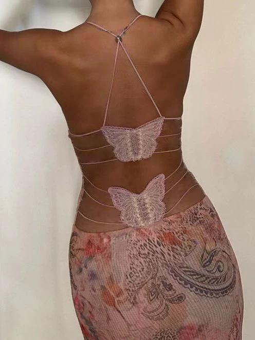 Floral Print Spaghetti Straps Halter Dress Butterfly Back