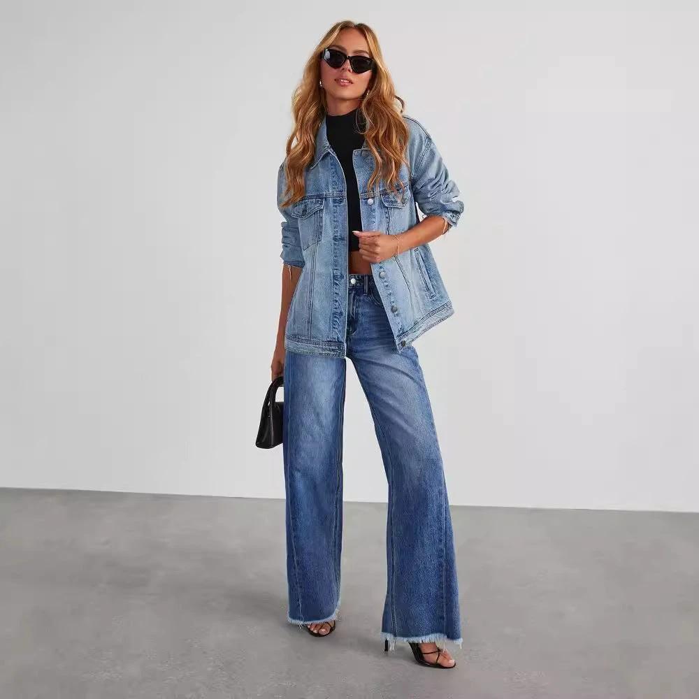 Mandotos High Waist Slim Fit Straight Wide Leg Denim Pants