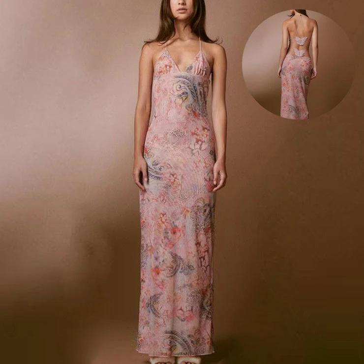 Floral Print Spaghetti Straps Halter Dress Butterfly Back