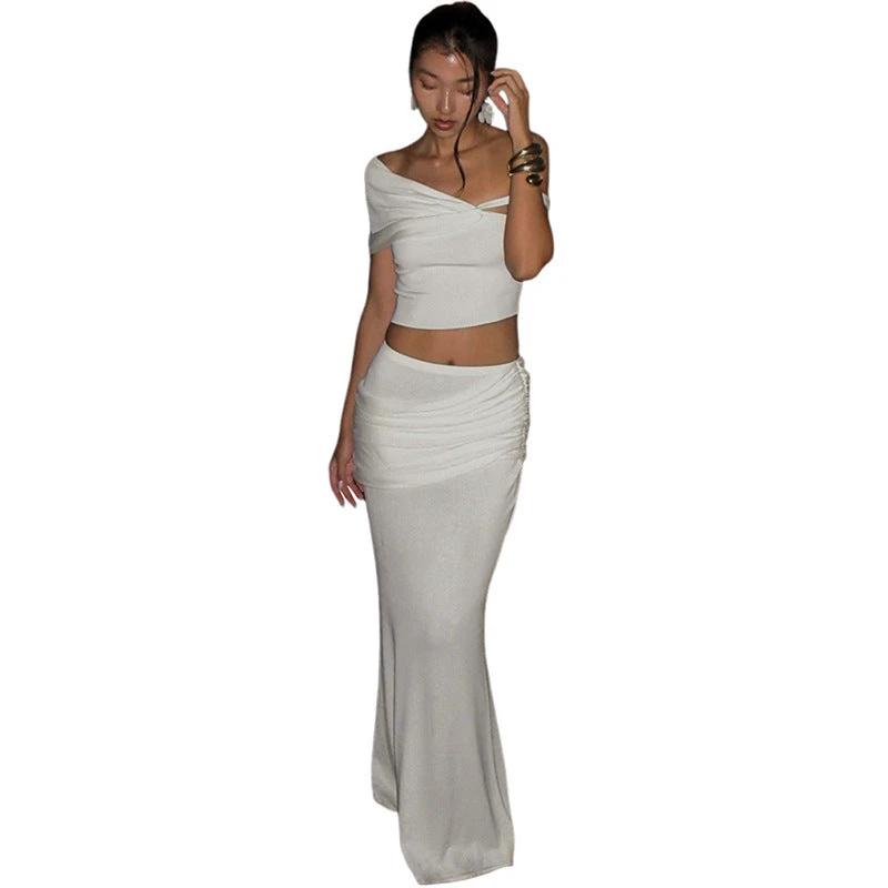 Elegant Slim-fit Oblique Shoulder Top & Long Skirt Set