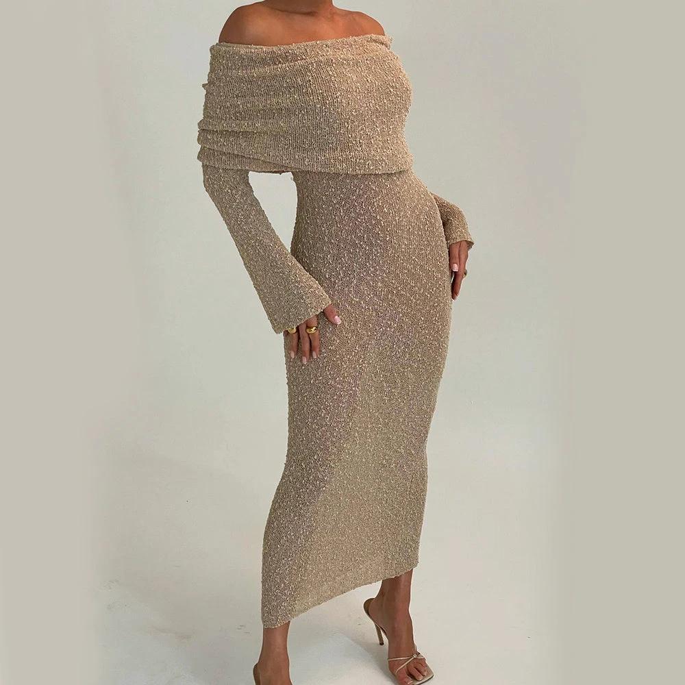 New! One-Shoulder Knitted Long-Sleeve Dress