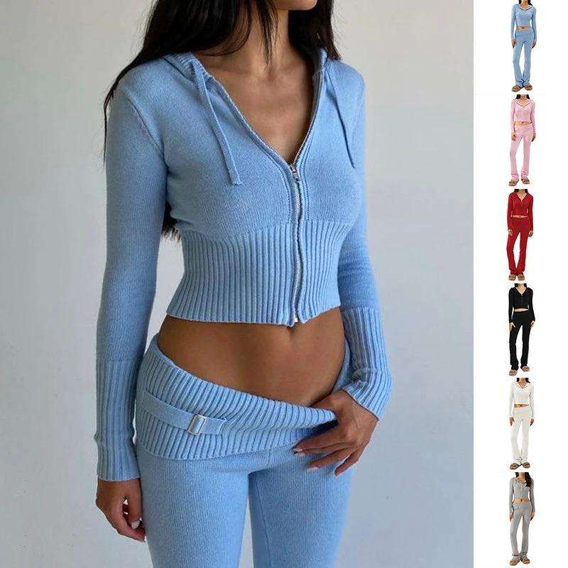 Women's Leisure Long Sleeve Hoodie Sweater And High Waist Long Pants Set