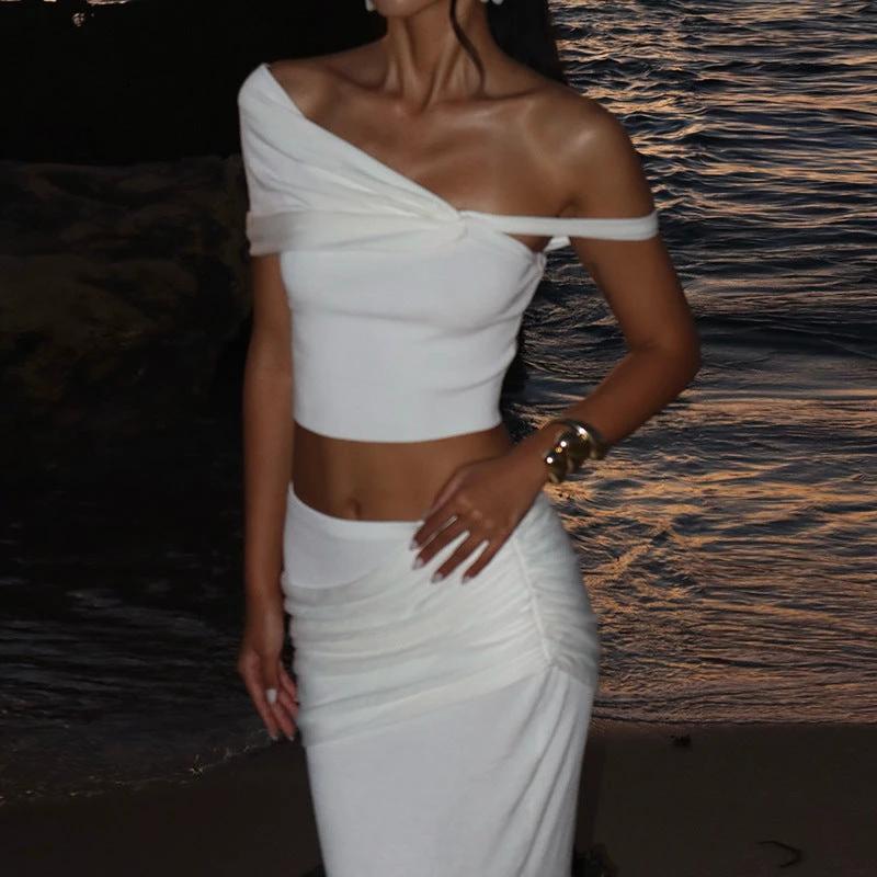 Elegant Slim-fit Oblique Shoulder Top & Long Skirt Set