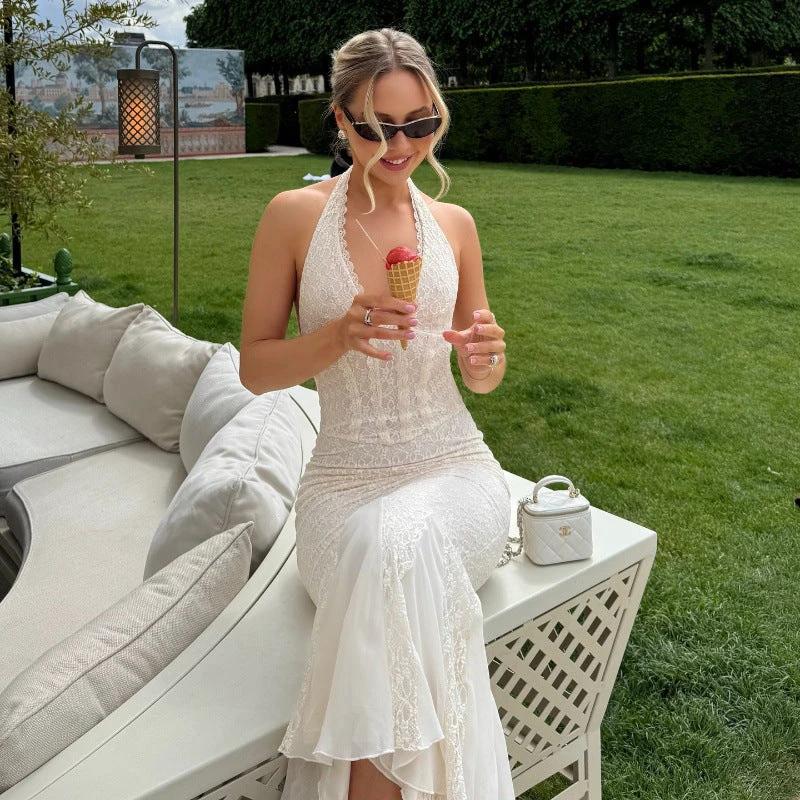 Elegant French Backless Lace V-Neck Halter Fishtail Dress
