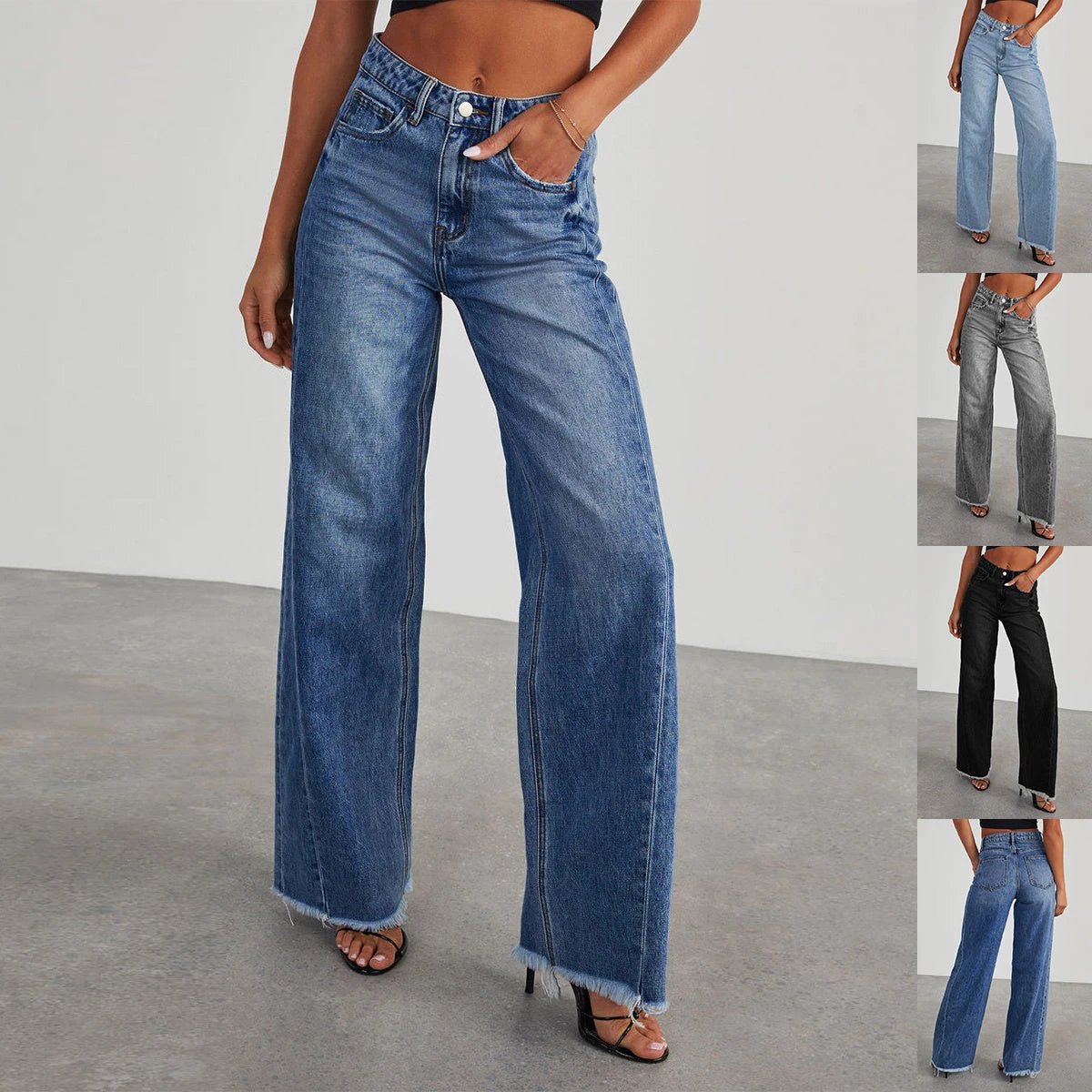 Mandotos High Waist Slim Fit Straight Wide Leg Denim Pants