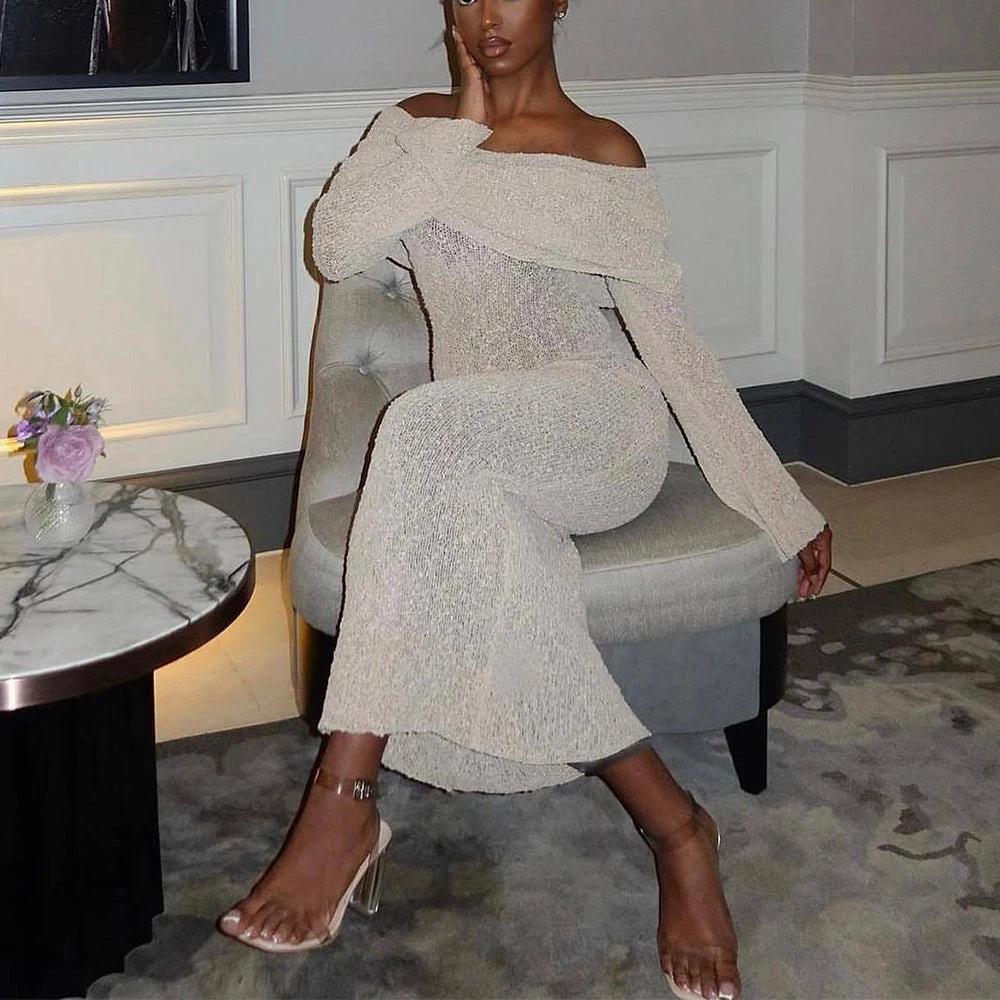 New! One-Shoulder Knitted Long-Sleeve Dress