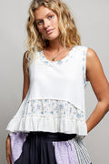 Floral Print Patched Round Neck Ribbed Tank with Ruffle Accents