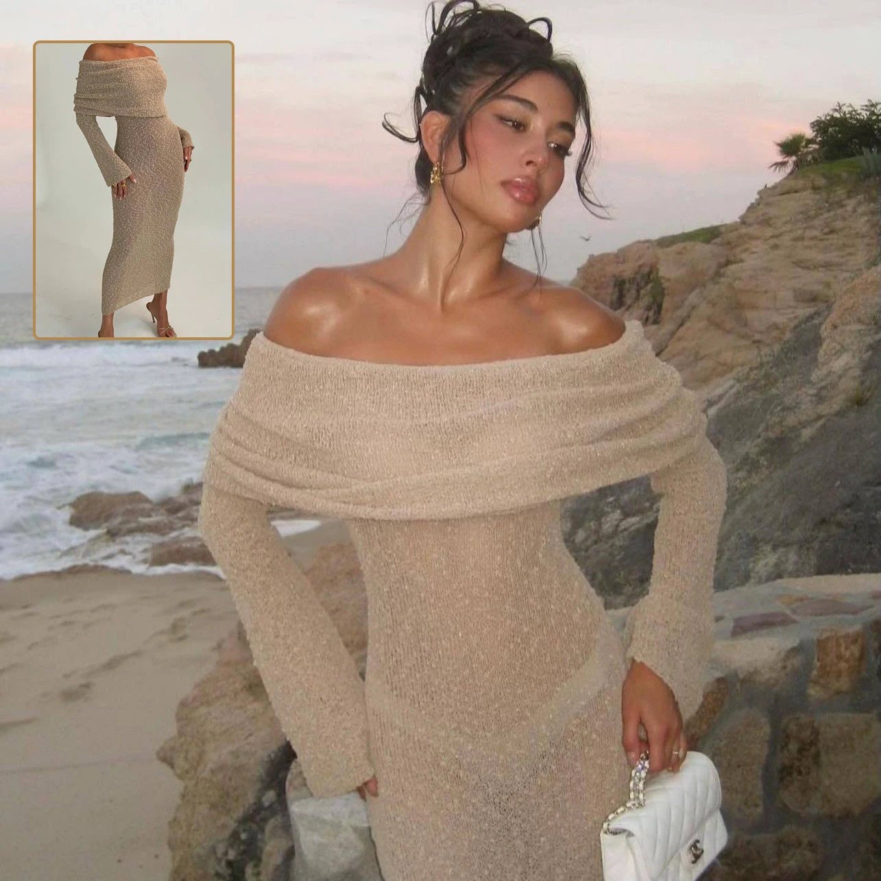New! One-Shoulder Knitted Long-Sleeve Dress