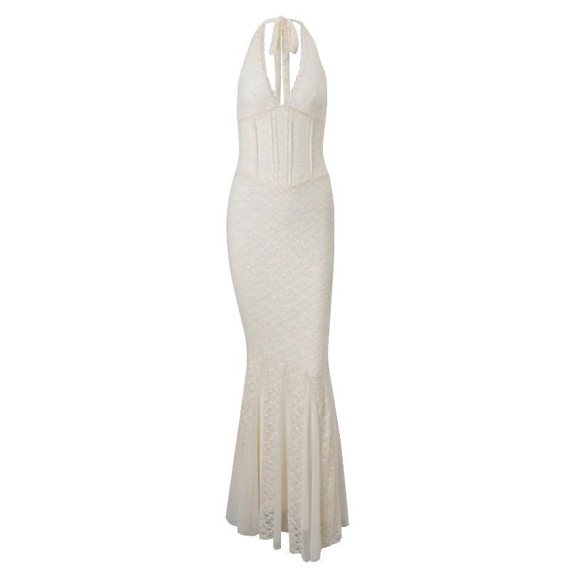 Elegant French Backless Lace V-Neck Halter Fishtail Dress
