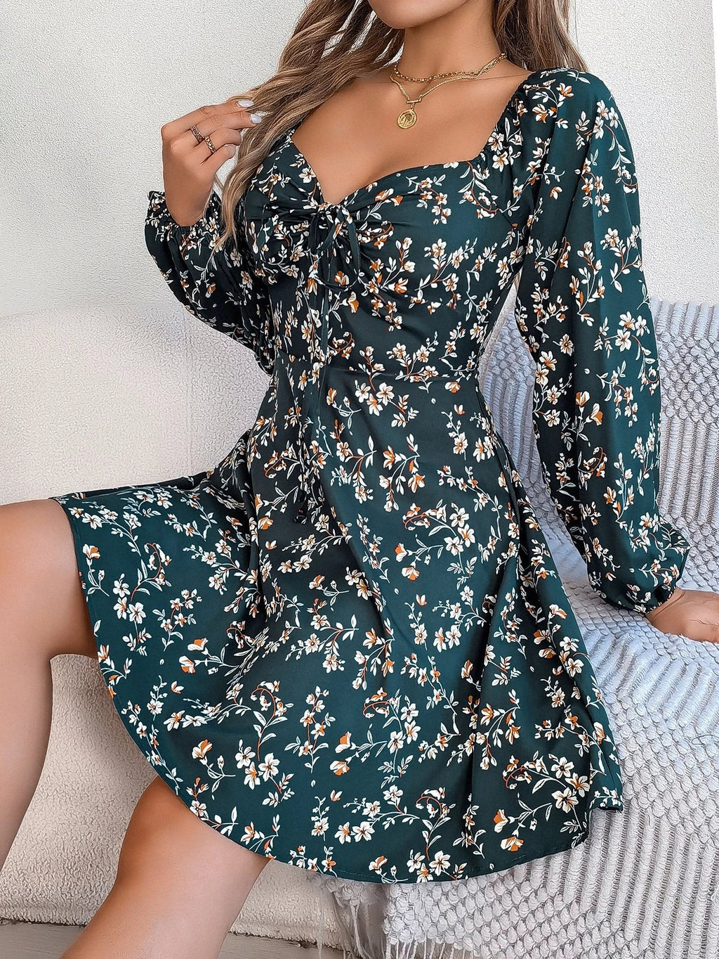 Mandotos Floral Print Long Lantern Sleeve Dress