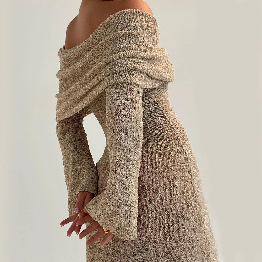 New! One-Shoulder Knitted Long-Sleeve Dress