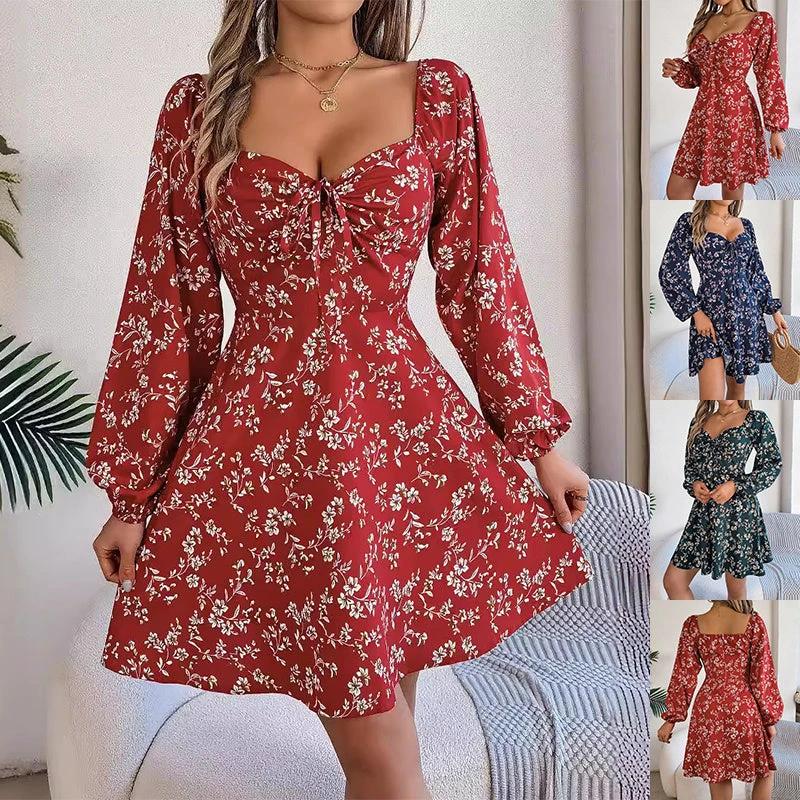 Mandotos Floral Print Long Lantern Sleeve Dress