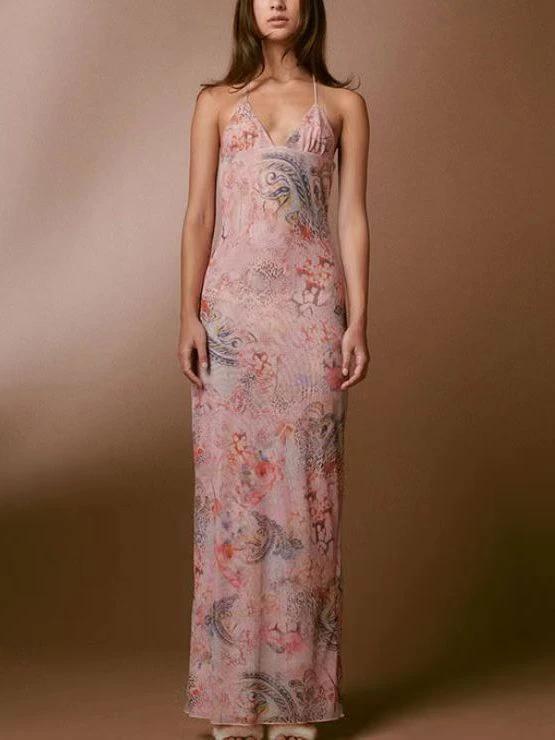 Floral Print Spaghetti Straps Halter Dress Butterfly Back