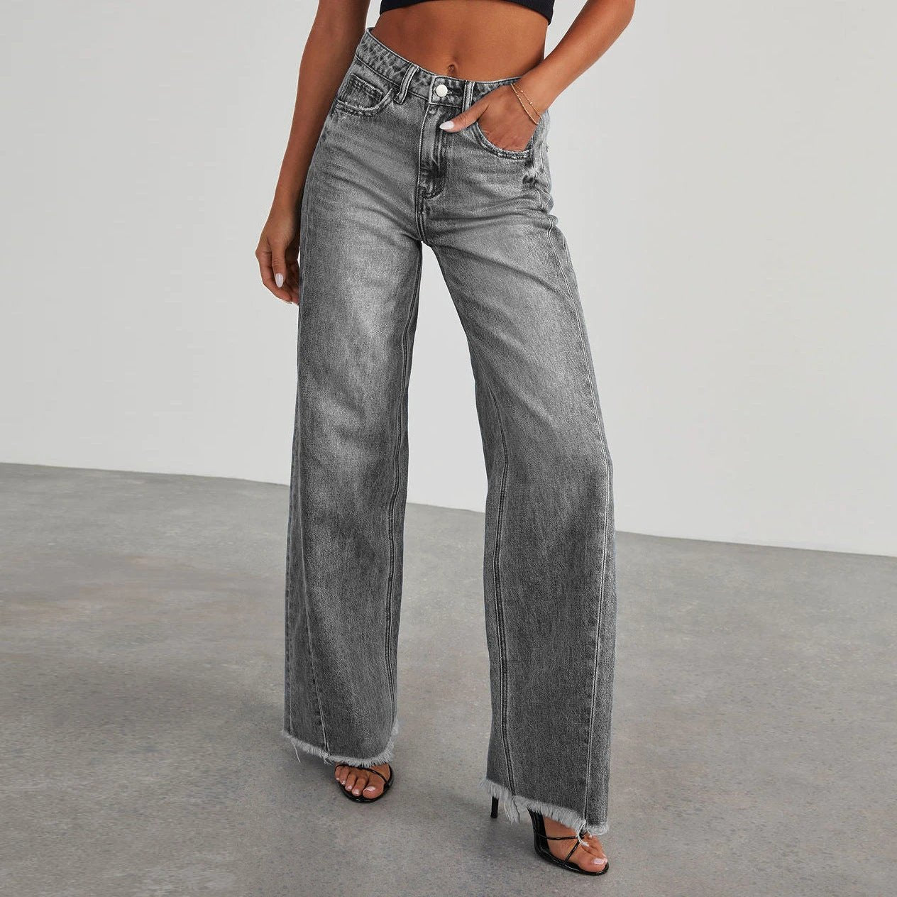 Mandotos High Waist Slim Fit Straight Wide Leg Denim Pants