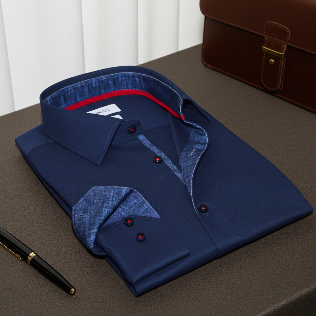 Kevin// Fitted Cotton Knit-Stretch Button-Up Shirt w/Contrast Details - Navy