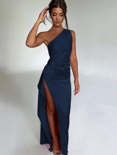Sleek One-Shoulder Backless Slit Dress