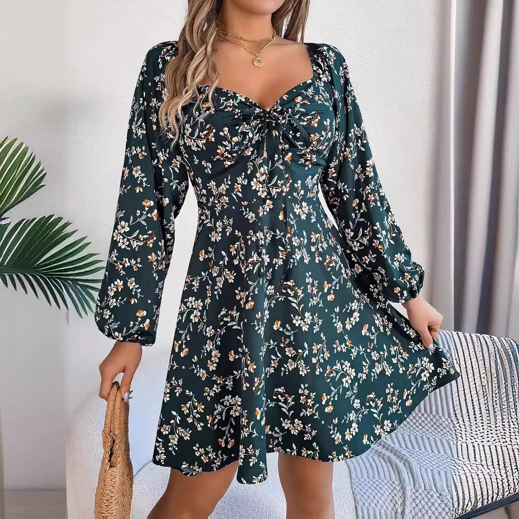 Mandotos Floral Print Long Lantern Sleeve Dress