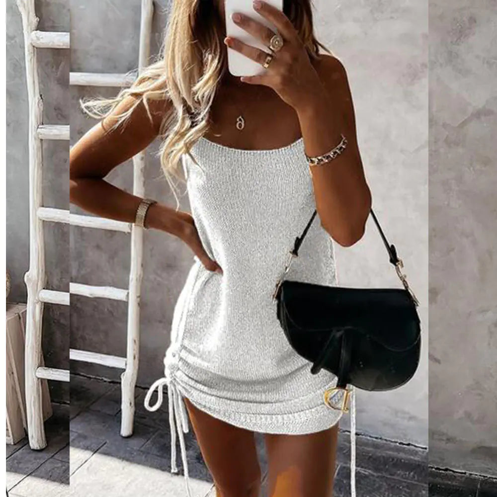 Solid Color Women's Tank Top Dress with Drawstring Hem