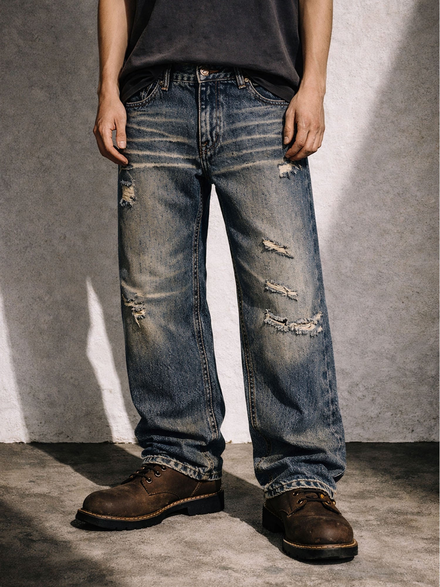 SANDWASH DISTRESSED BOOTCUT DENIM JEANS