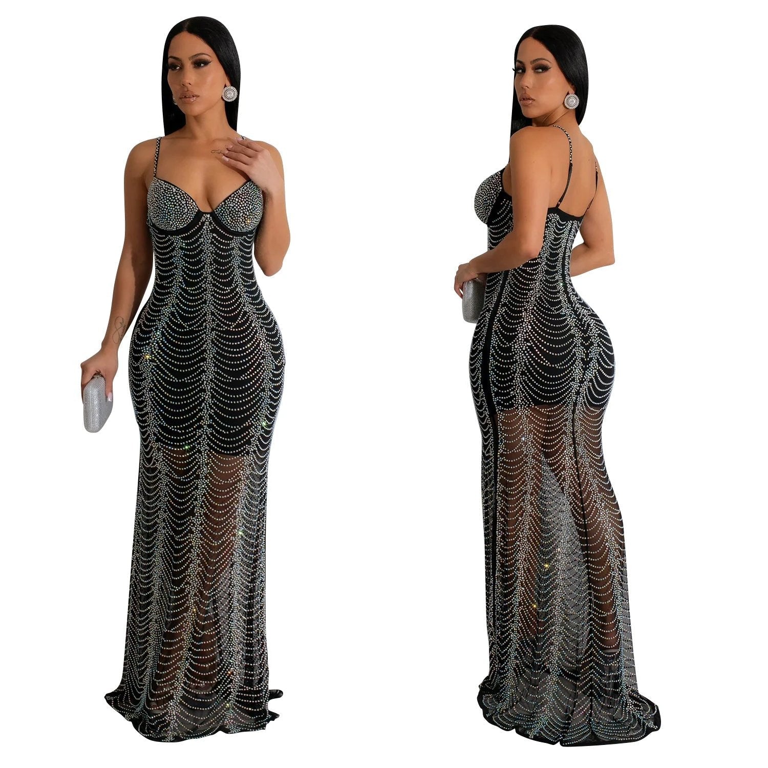 Luxurious & Sexy Mesh w/Rhinestone Strap Dress