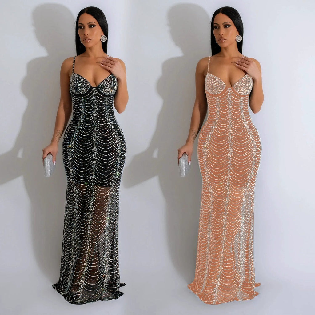 Luxurious & Sexy Mesh w/Rhinestone Strap Dress