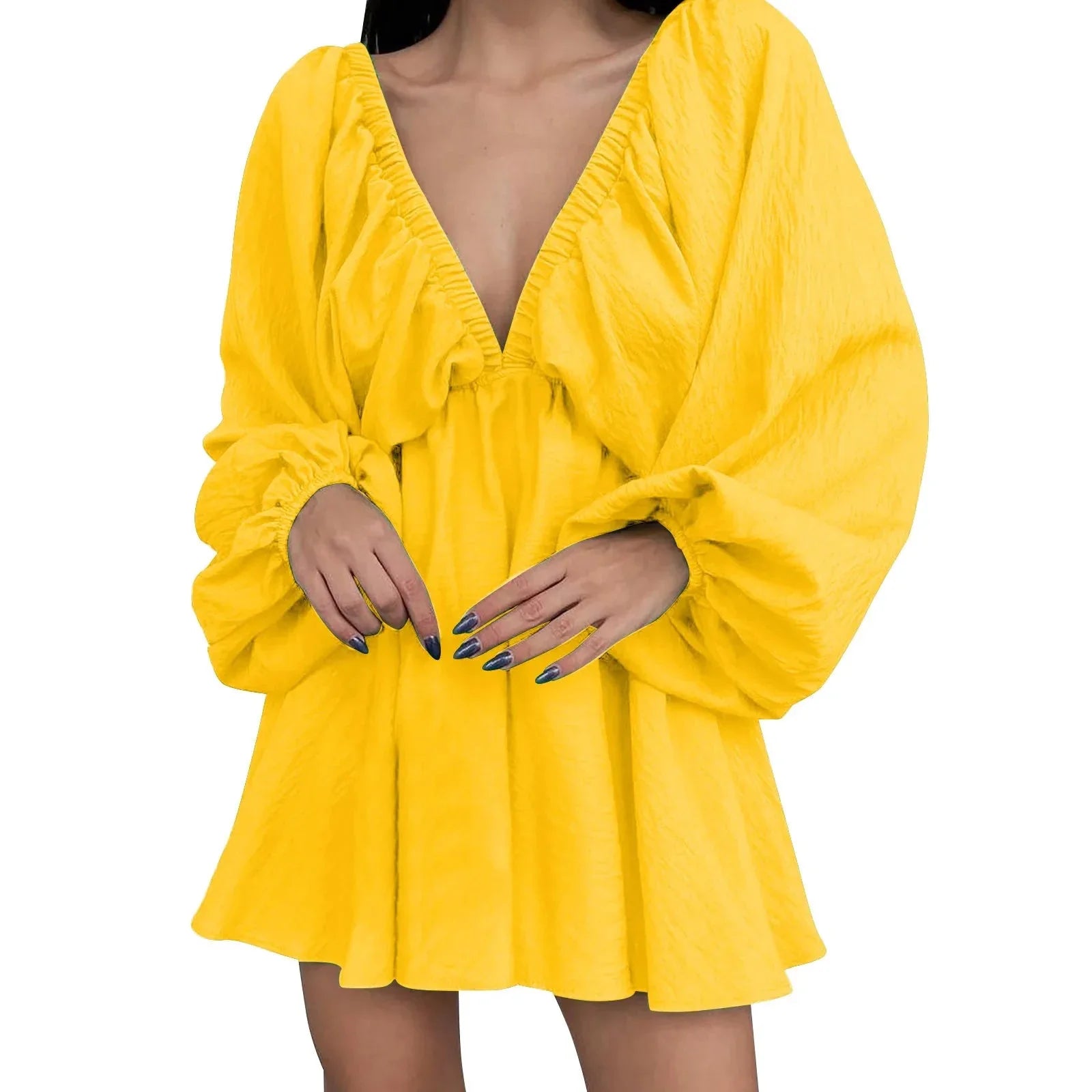 Deep V Neck Retro Pleated Dress