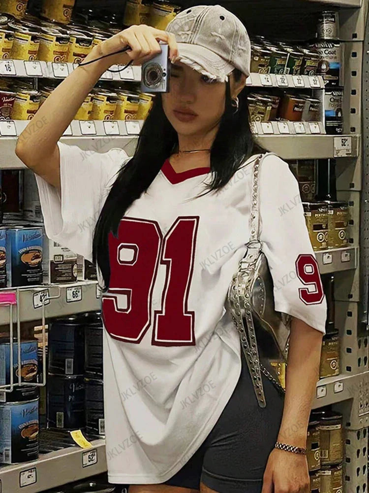 2025 Retro No.91 Printed Women's V-Neck Short Sleeve Football Jersey Y2K