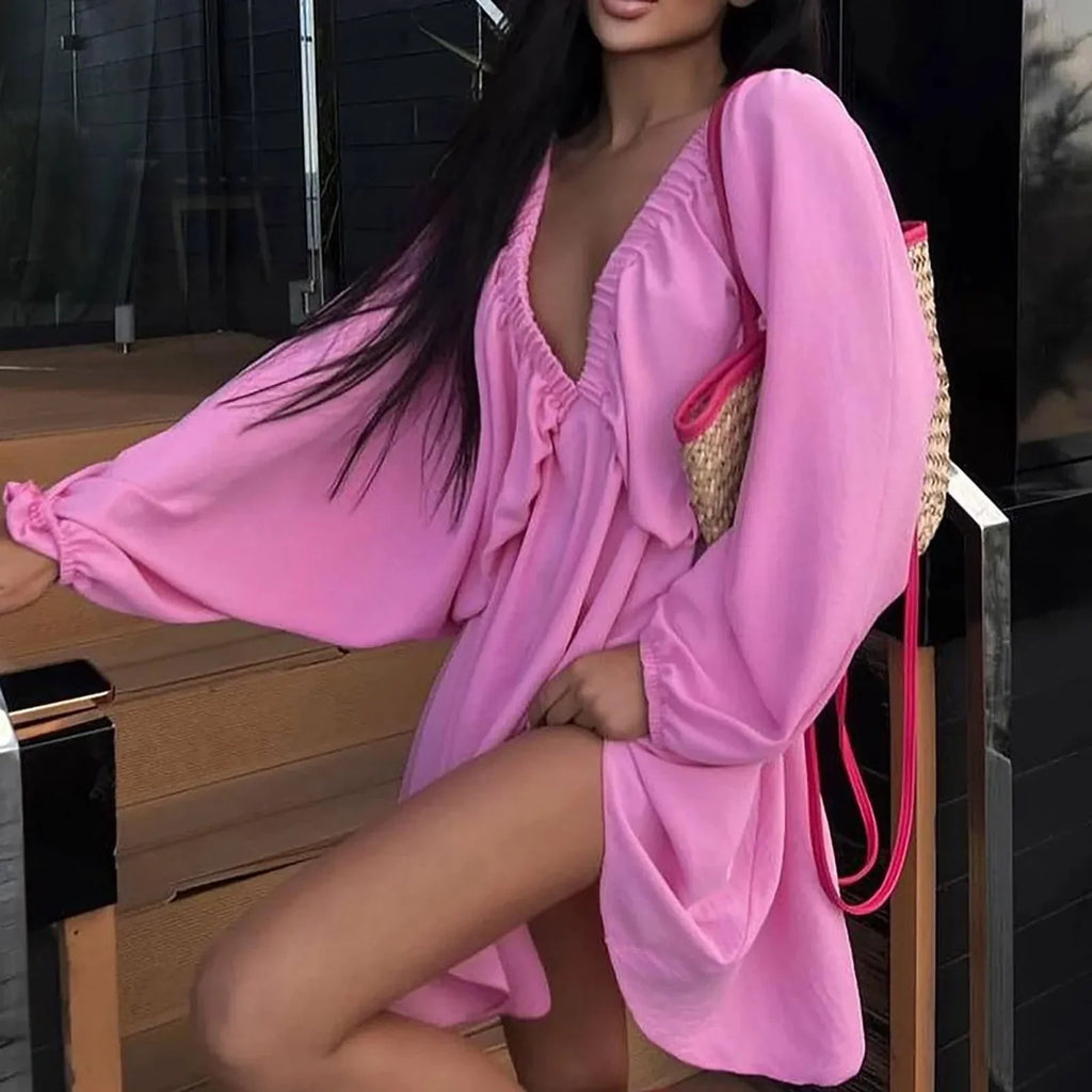 Deep V Neck Retro Pleated Dress