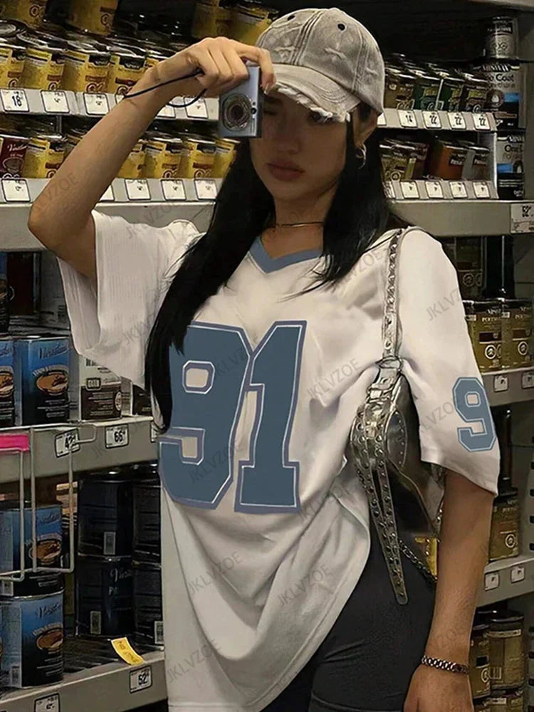 2025 Retro No.91 Printed Women's V-Neck Short Sleeve Football Jersey Y2K